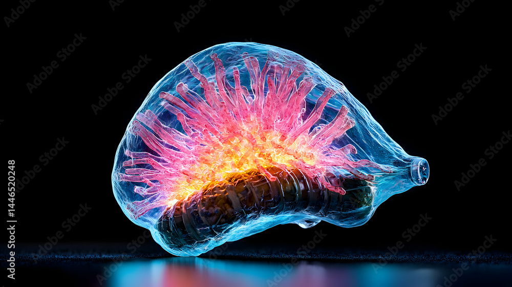Poster an artistic representation of a virus bursting out of a bottle emphasizing the dangers of pollution 
