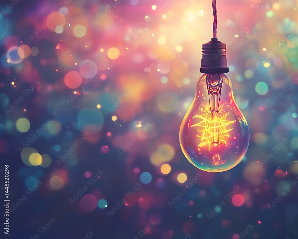 Poster incandescent light bulb with bokeh background