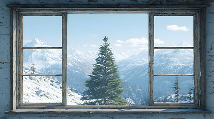 Scenic Mountain View Through Rustic Window Frame in Winter