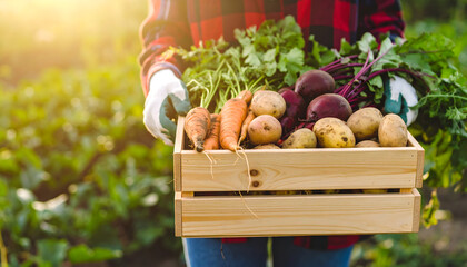 A person in a red plaid shirt and gloves holds a light wooden crate filled with freshly harvested carrots, potatoes, and beets. Generative AI.