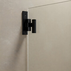 Close up view of a black metal door hinge mounted on a surface, showing mechanical detail and modern hardware. Generative AI.