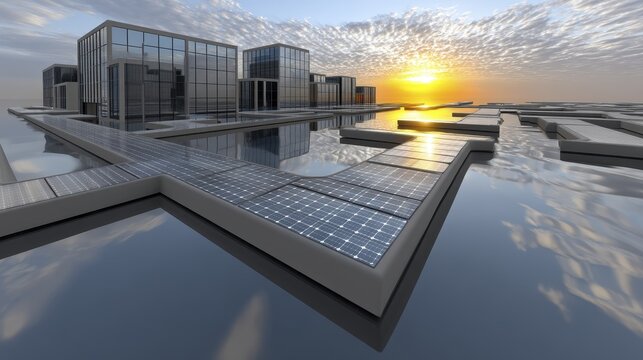 Expansive view of a floating solar power station, sun reflecting off panels - reflection floating solar farm renewable