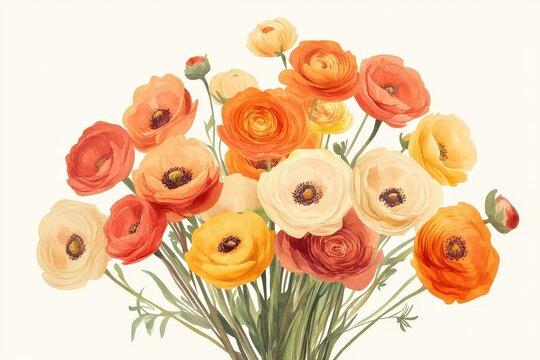 Vibrant bouquet of ranunculus blossoms in warm tones. - Powered by Adobe
