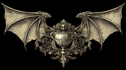 A dark world with gothic trophy guarded by two dragon wings and skull evokes mysterious dracula vibe on this eerie day