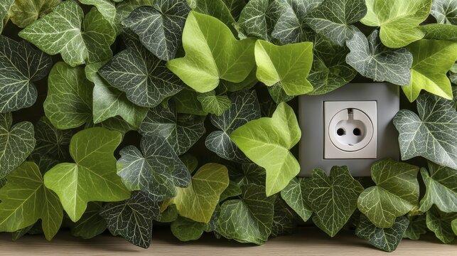 Lush ivy surrounds a green power plug in a wall socket, symbolizing renewable energy - source climbing wire botanical socket