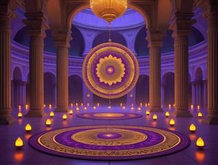 Obraz premium Glowing mandala pattern illuminated by candlelight in a mystical temple interior with arches and soft purple lighting, evoking spirituality, peace and sacred atmosphere