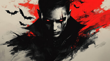 A dark vampire with glowing red eyes and bats flying around in dramatic red and black background creating mysterious world of dracula by day
