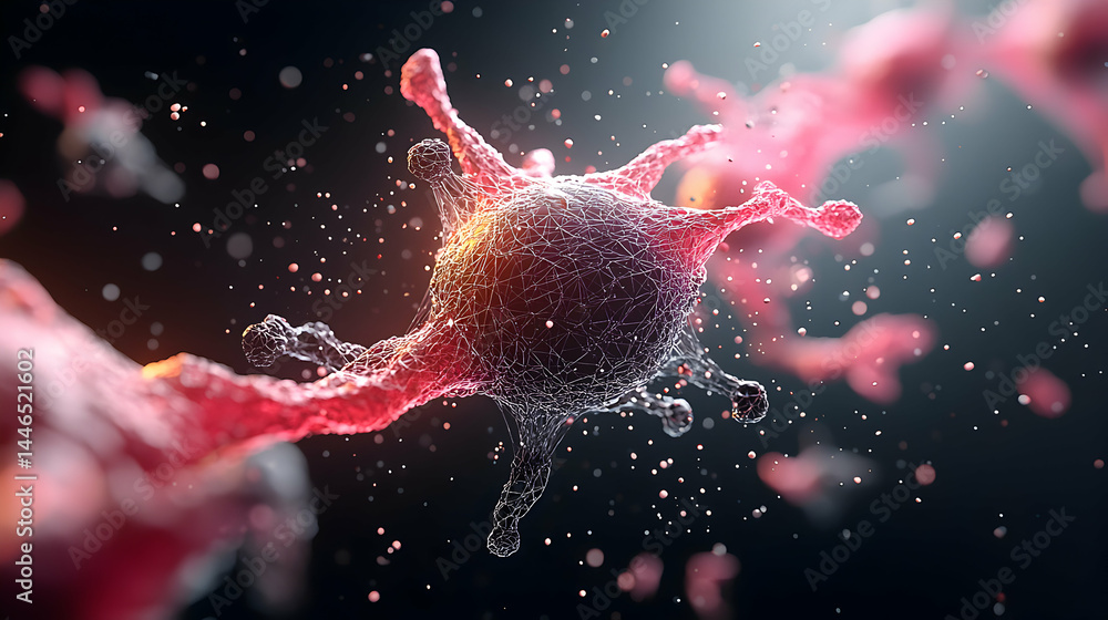 Poster artistic rendering of a biological cell with an intricate network-like structure. ideal for scientif