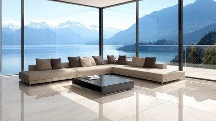 Fototapeta premium Minimalist living room with neutral palette, sleek furniture, and large windows letting in natural light