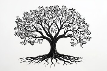 Obraz premium Majestic Black Ink Tree Illustration Detailed Roots Branches Nature Drawing Botanical Art Graphic Design Element Vintage Style Elegant Silhouette Powerful Symbolism Artistic 