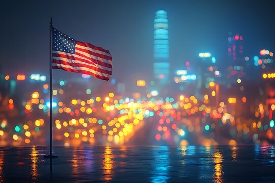 American flag waving in the cityscape at night patriotic urban scene