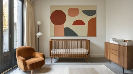 Modern nursery with neutral colors, wooden crib, and geometric wall decals