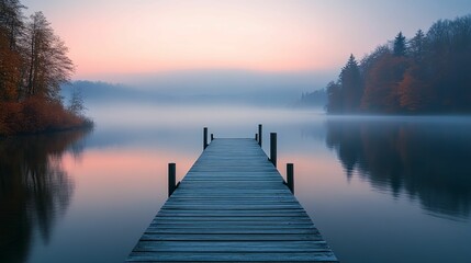 Fototapeta premium Peaceful wooden dock extending into a misty lake at dawn.