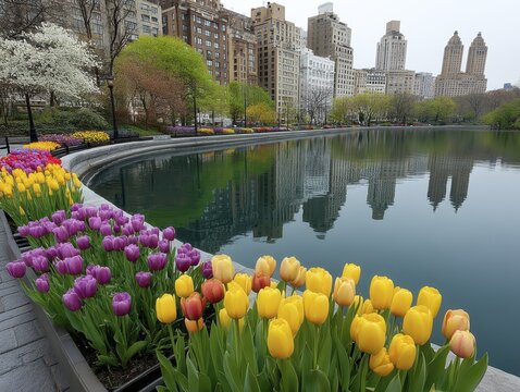 Vibrant tulips bloom in Central Park, NYC skyline mirrored in spring pond Stunning floral scene - pond diverse bright colors