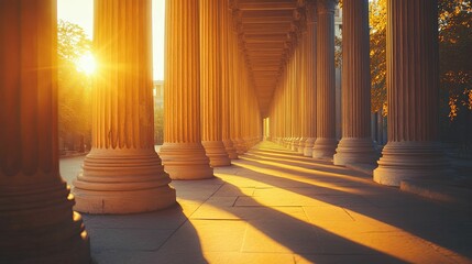 Golden sunlight streams through a colonnade of ancient columns.
