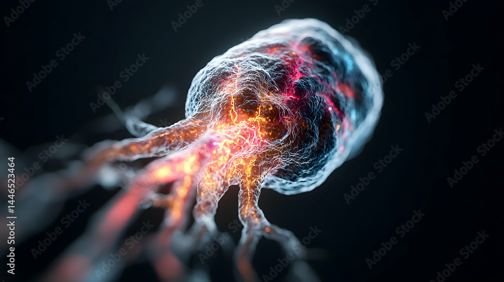 Poster a detailed digital rendering of a neuron or nerve cell showcasing intricate structures and potential
