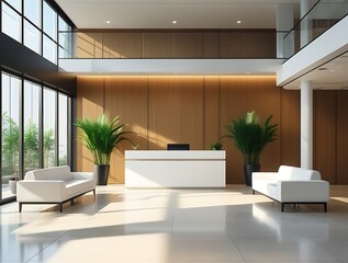 Fototapeta premium Modern office lobby interior with white sofas, minimalist reception desk, tall windows, natural light and wooden wall panels creating a sleek and professional space