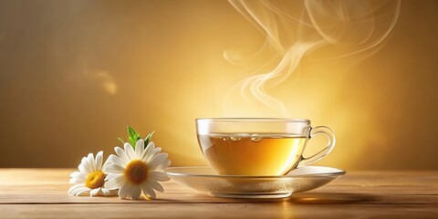 Aromatic Herbal Infusion Steam Rising from a Glass Teacup Resting on Wooden Surface Next to Delicate White Daisies