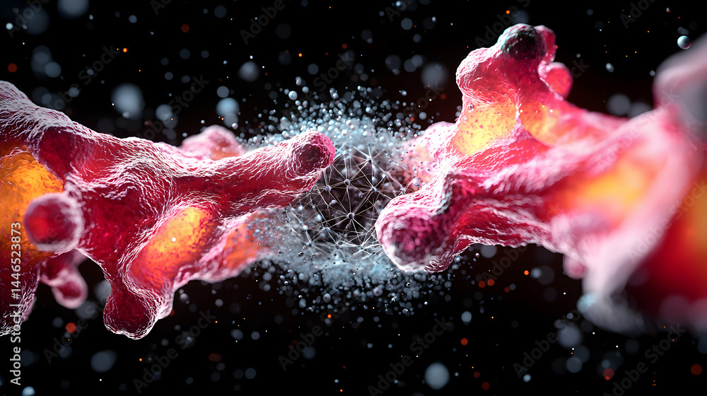 Poster an artistic depiction of biological processes or abstract cellular structures in a vibrant and detai