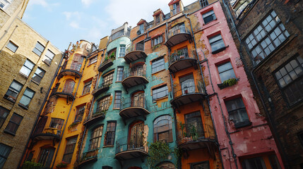 Obraz premium Colorful Urban Buildings with Decorative Balconies in Cityscape