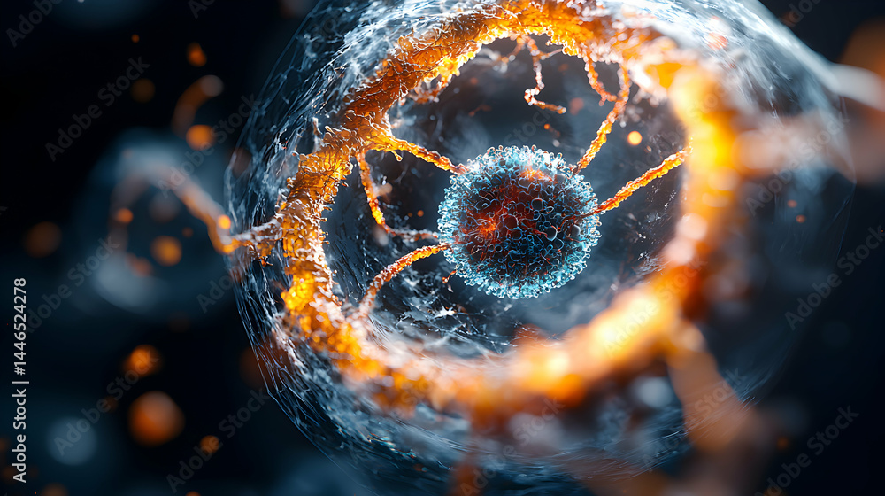 Poster an abstract digital artwork showing a cell structure with vibrant colors and a complex design. suita