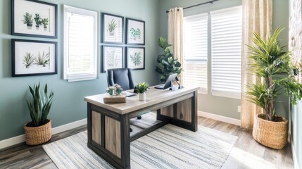 Fototapeta premium Professional-style home office with conference-style desk, neutral tones, and framed artwork