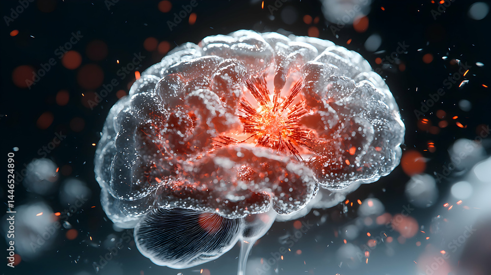 Poster an artistic rendering of a brain showcasing neural activity. suitable for educational materials medi