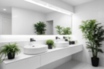 Blurred bathroom interior, wash basin, clean area, modern theme, there is a large mirror above the wash basin, there is a potted plant in the corner, blurry wallpaper