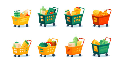 Colorful Cartoon Grocery Baskets and Supermarket Boxes for Shopping Illustration