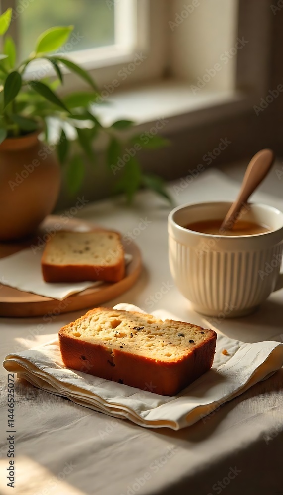 Aufkleber generative ai image of breakfast table with sliced loaf and hot drink