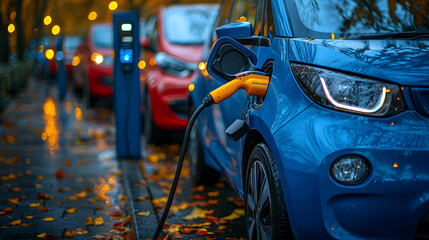 Electric Car Charging Station in Autumn with Colorful Leaves
