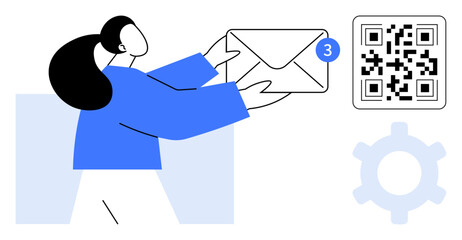 Woman receiving an email symbol with notification badge, accompanied by QR code and gear icon. Ideal for communication, technology, email management, notifications, digital tools, modern apps