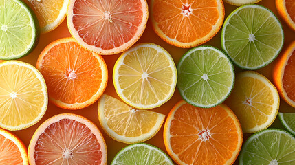 Obraz premium Fresh Citrus Fruits Slices on Vibrant Background for Healthy Lifestyle