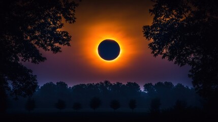 Obraz premium Majestic Total Solar Eclipse Over Silhouetted Trees