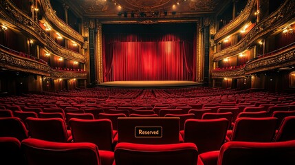 Grand theater interior with a deep red stage curtain.
