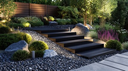 Obraz premium Sloped garden design with tiered planting beds, stone steps, and erosion control elements