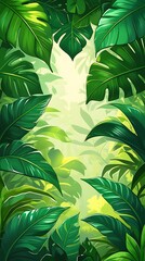 Lush tropical jungle foliage with vibrant green leaves forming a natural frame and glowing light in the center, ideal nature background with exotic rainforest vibe


