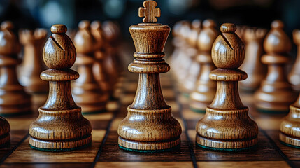 Fototapeta premium Classic Wooden Chess Set Close-Up with Focus on King Piece