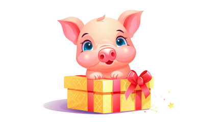 Festive Cartoon Pig in Present Box for Christmas or New Year Celebrations