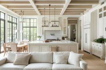 interior of modern kitchen with white furniture, white walls and wooden floor