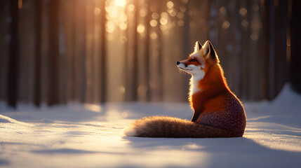 Majestic red fox sitting gracefully in a serene winter landscape