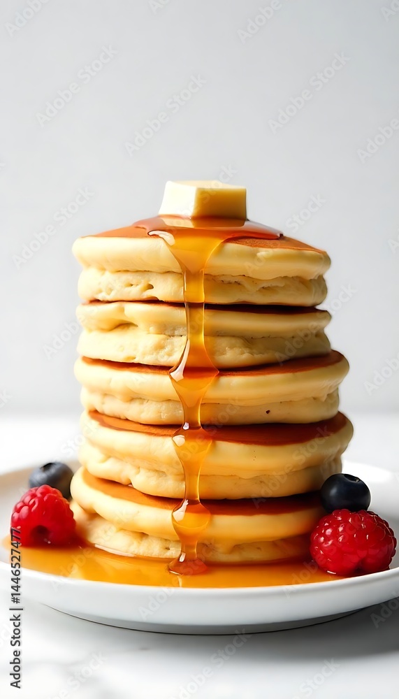Poster generative ai creates a delectable stack of golden pancakes with syrup