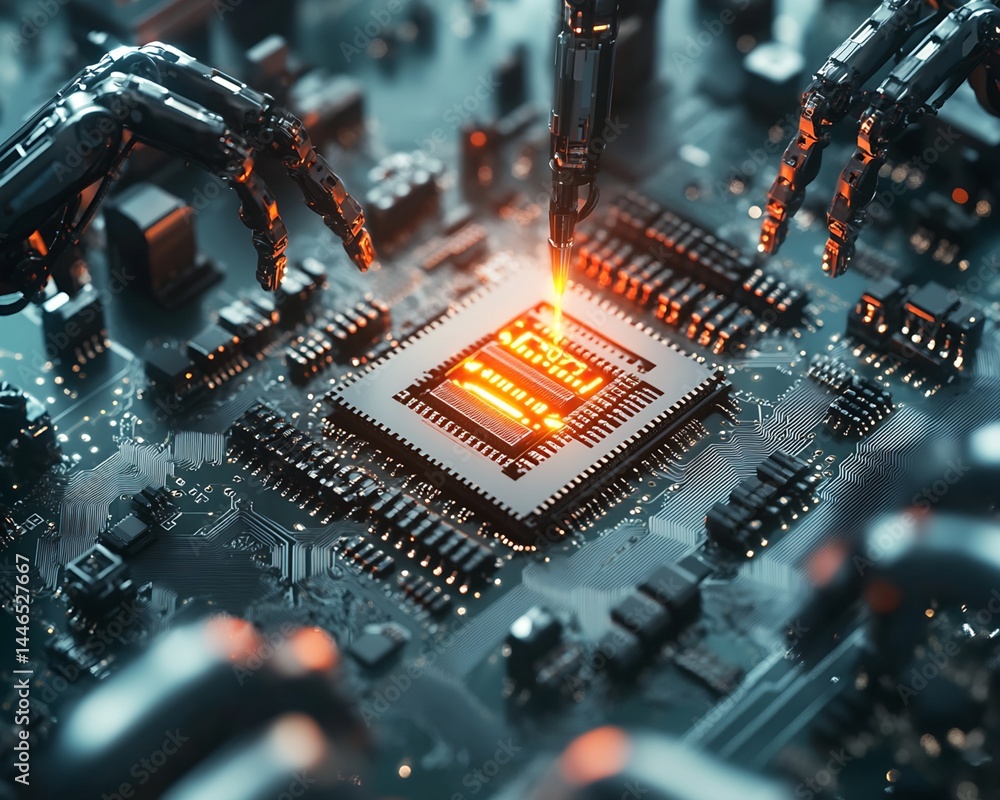 Poster robotic arms interacting with circuit board and cpu