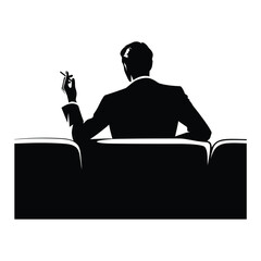 Silhouette of a Man in a Suit Sitting on Sofa Smoking Cigarette – Retro Noir Businessman Back View Isolated Vector Illustration