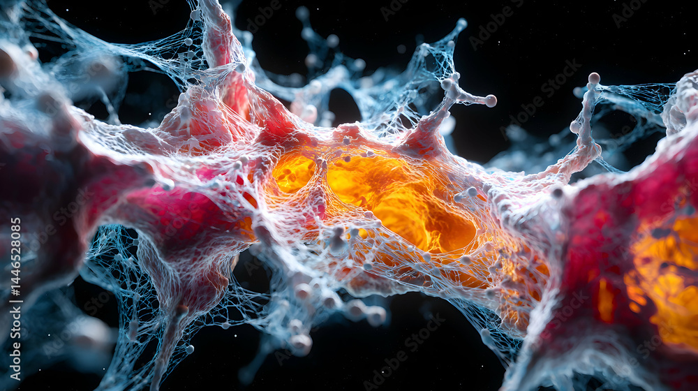 Poster abstract cellular structure. the image shows a complex interconnected network of cells with vibrant 