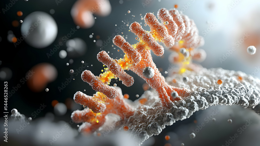 Poster microscopic biological rendering of a complex cellular structure with details and depth. suitable fo