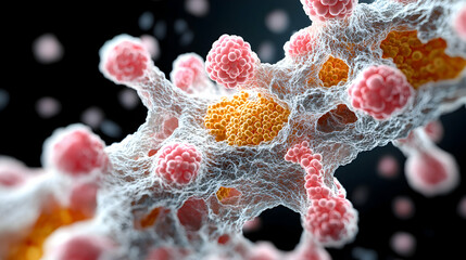 A close-up view of cells and their intricate structures. Great for educational purposes or scientific visualizations. Illustrates biological processes and cellular interactions.