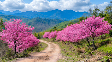 Fototapeta premium Scenic Pathway Through Vibrant Pink Flowering Trees in Nature