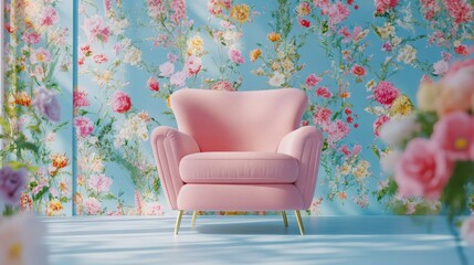Pink Velvet Chair in a Floral Room room background