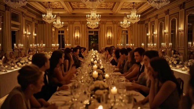 A group of wealthy people gathered for a lavish dinner at a luxurious restaurant.